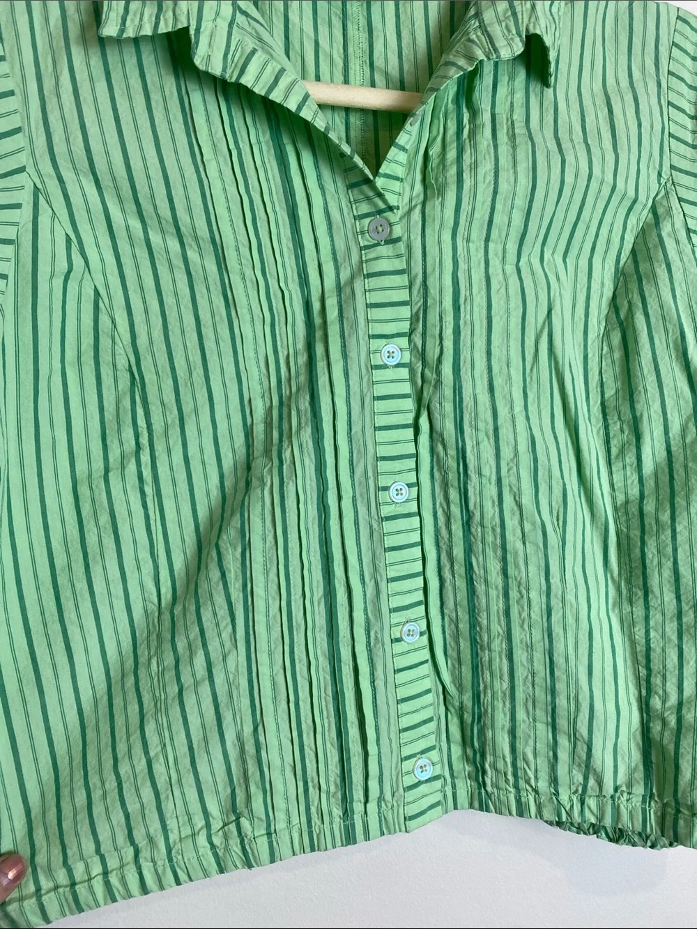 Maeve Collared Shrunken Button Down Blouse in Green Striped Size Large - Picture 5 of 7